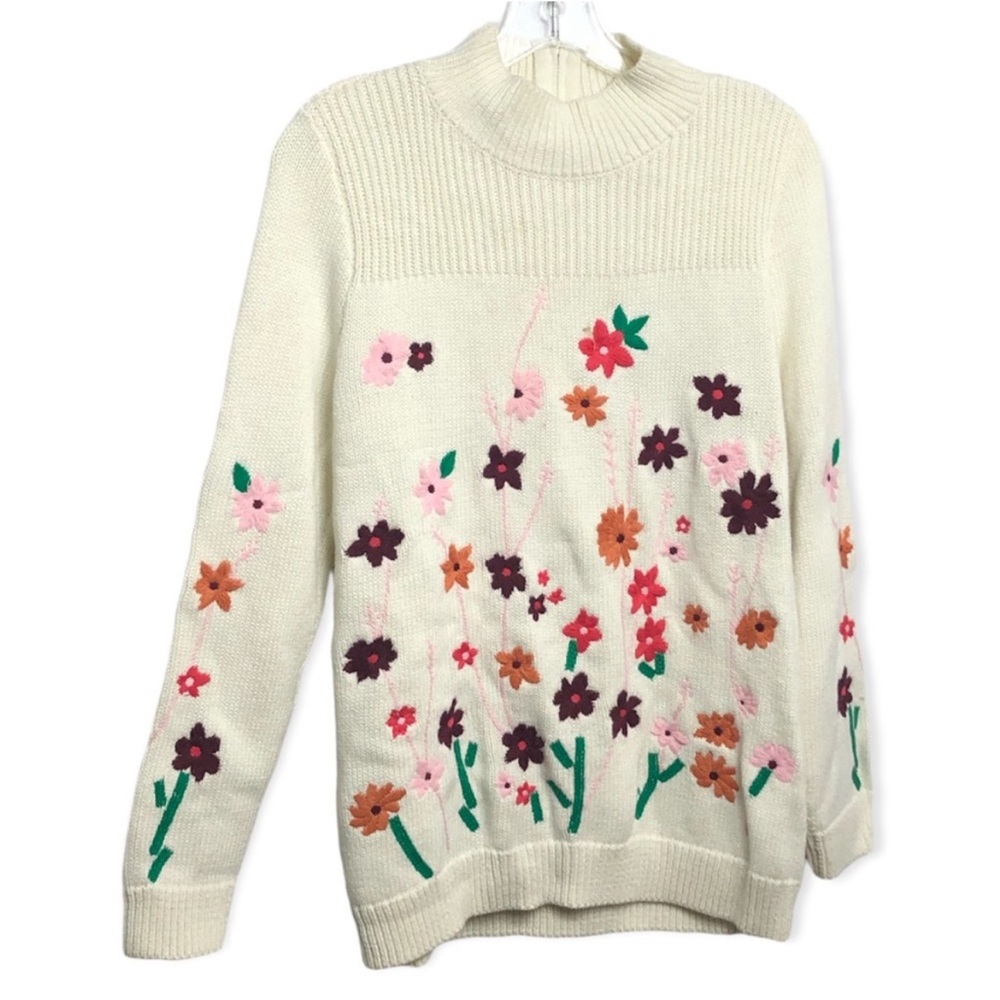 Talbots Mock neck knit Embroidered Flower Sweater granny core coastal SZ M